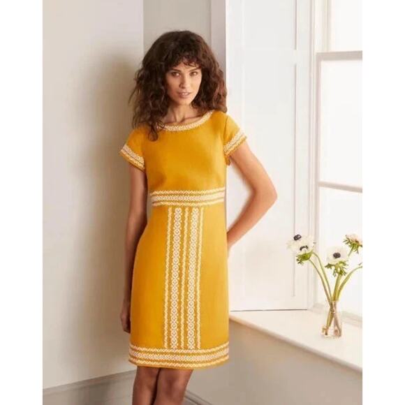 Boden Shift Dress Women 10 NEW 100% Linen Shift Mini Tuscan Yellow Embroidered - Picture 2 of 13